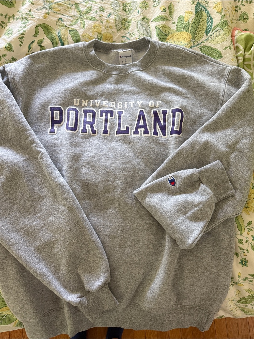 Champion Gray 'Portland' Crewneck Sweatshirt with Purple Lettering